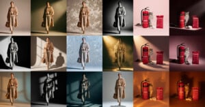A grid of 16 images shows a woman in a tan coat holding a brown bag in different lighting and color effects, alternating with images of a red fire extinguisher and fire safety products on varied backgrounds.