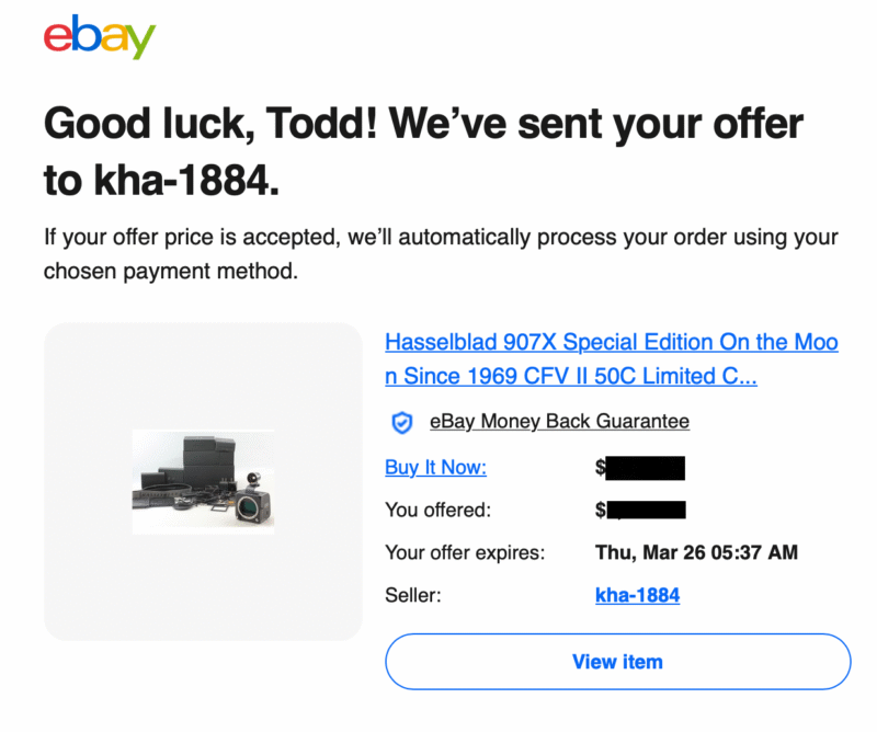 A notification from eBay confirms that Todd’s offer for a Hasselblad 907X camera was sent to seller kha-1884, showing offer details, expiry date, and a small product image.