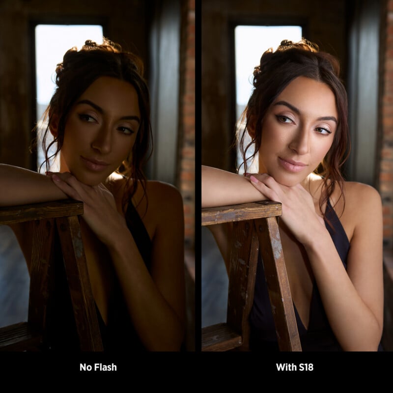 A side-by-side comparison of a woman leaning on a wooden ladder, showing a dimly lit portrait labeled "No Flash" on the left and a brighter, well-lit portrait labeled "With S18" on the right.
