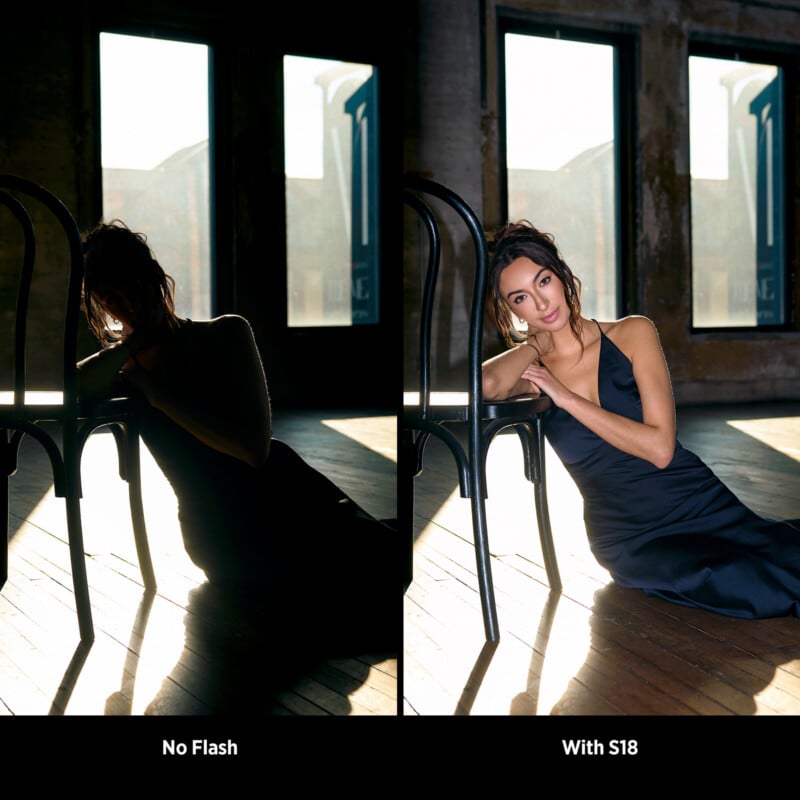 A side-by-side comparison shows a woman in a dark room leaning on a chair. Left: without flash, her features are obscured by shadow. Right: with flash, her face and details are brightly and clearly visible.