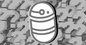 A simple, stylized white grub insect outlined in gray appears in the center, over a background filled with overlapping 3D gray question marks.