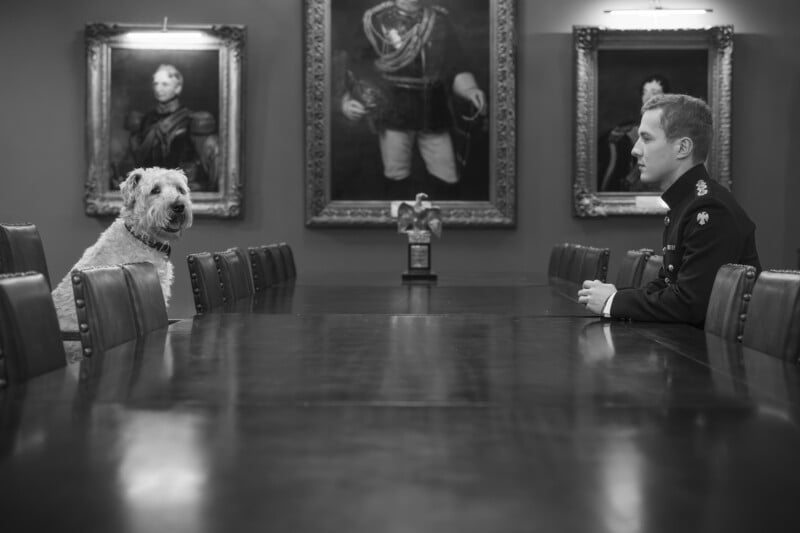 A man in a formal military uniform sits at one end of a long conference table, facing a dog seated at the opposite end. Large framed portraits hang on the wall behind them. The photo is in black and white.