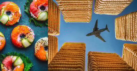 On the left, colorful sushi donuts with various toppings are arranged on a dark surface. On the right, a plane flies overhead, framed by tall, yellow buildings that resemble stacks of round cookies, against a bright blue sky.
