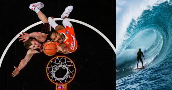 Two images side by side: Left, two basketball players jump towards the hoop for a layup, viewed from above. Right, a surfer rides inside a large, curling blue ocean wave.