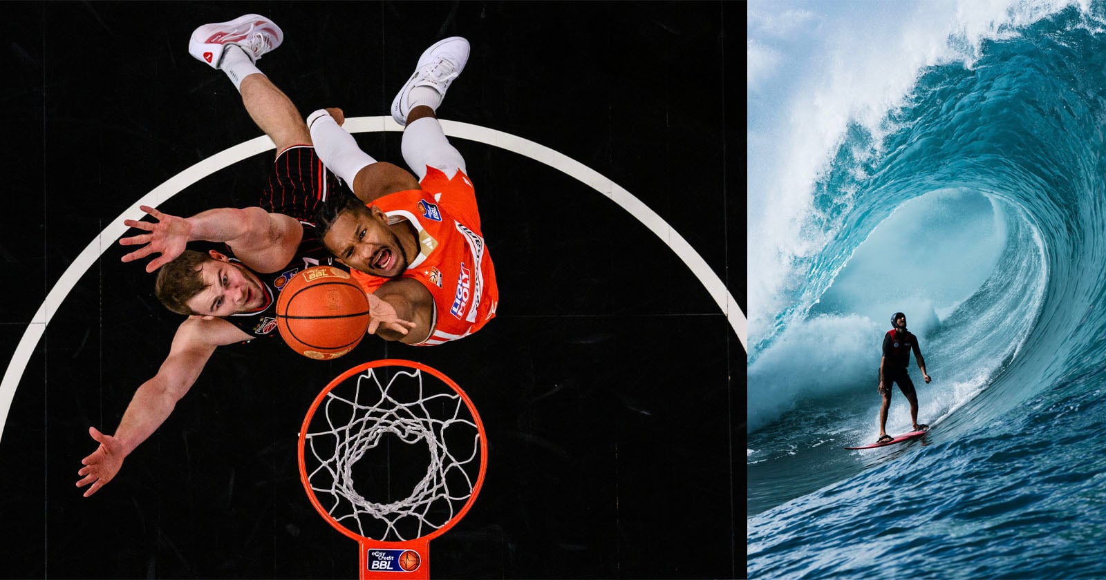 Two images side by side: Left, two basketball players jump towards the hoop for a layup, viewed from above. Right, a surfer rides inside a large, curling blue ocean wave.