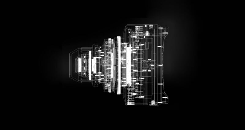 A digital wireframe illustration of a camera lens on a black background, showing intricate internal components and layers in a glowing white outline.