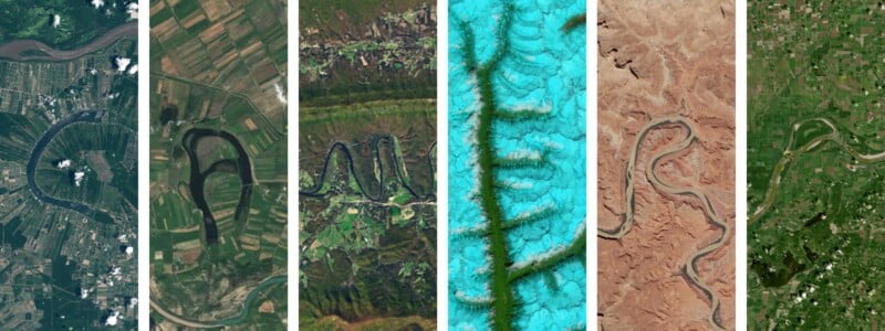 Six vertical satellite images show winding river patterns in different landscapes, including green farmlands, a blue-tinted snowy terrain, and arid desert, highlighting diverse meandering river formations.