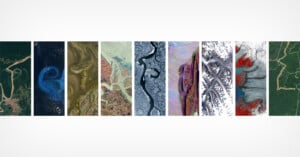 A collage of eight aerial photos displays diverse landscapes, including winding rivers, ocean swirls, colorful terrain, intricate waterways, snowy mountains, red and gray patches, and green forests crossed by roads.