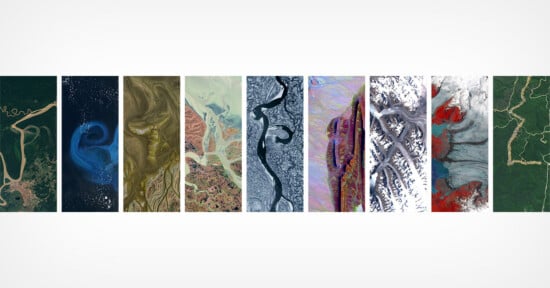 A collage of eight aerial photos displays diverse landscapes, including winding rivers, ocean swirls, colorful terrain, intricate waterways, snowy mountains, red and gray patches, and green forests crossed by roads.