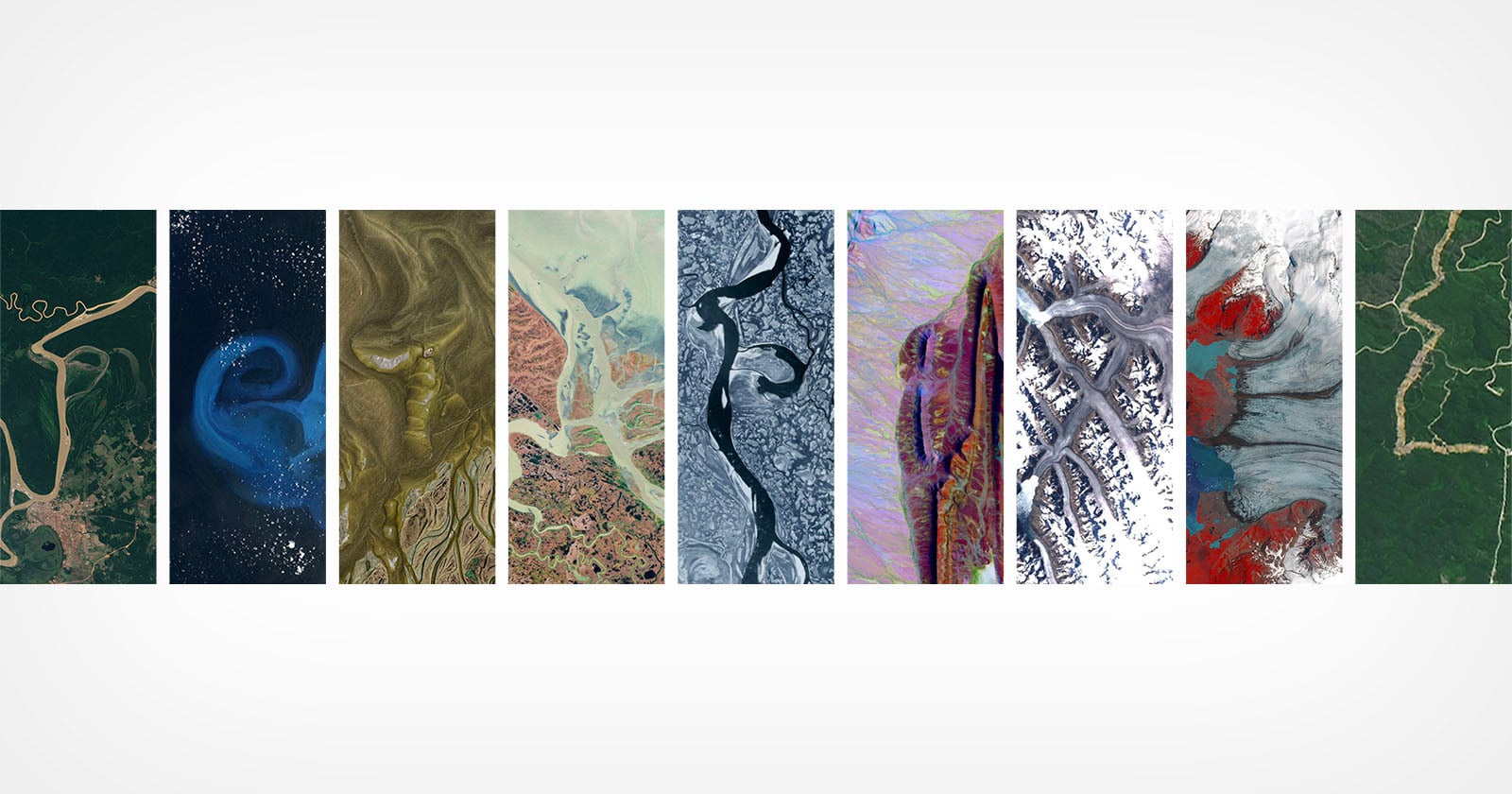 A collage of eight aerial photos displays diverse landscapes, including winding rivers, ocean swirls, colorful terrain, intricate waterways, snowy mountains, red and gray patches, and green forests crossed by roads.