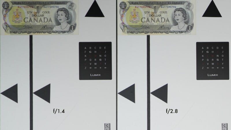 A Canadian one-dollar bill, eye chart, and geometric shapes are shown in two side-by-side images labeled f/1.4 (left) and f/2.8 (right), comparing image sharpness at different aperture settings.