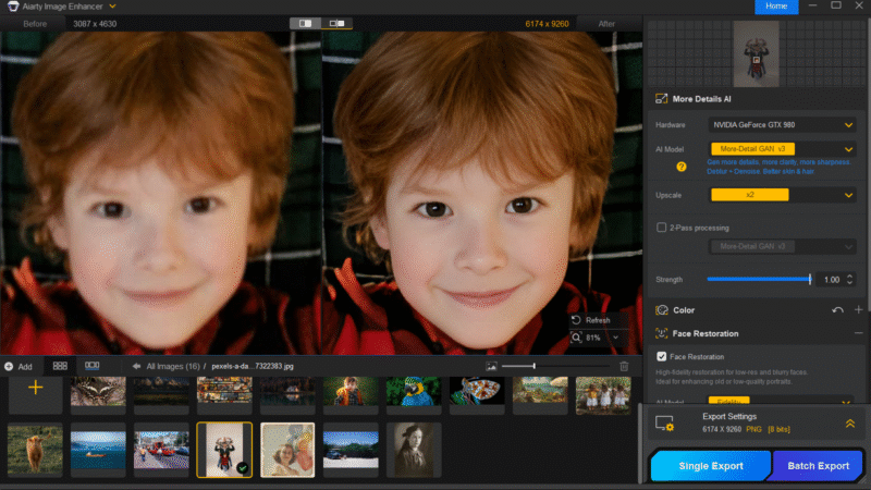 Captura de pantalla del software de mejora de imágenes que muestra una comparación de una foto de un niño antes (izquierda, borrosa) y después (derecha, más nítida) de la mejora. Las herramientas de edición y las opciones de exportación están visibles a la derecha.
