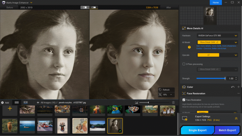 La interfaz del software muestra una comparación lado a lado de una foto antigua borrosa (izquierda) y una versión clara y restaurada de una niña (derecha). Las opciones de edición y los botones de exportación aparecen en el panel derecho.