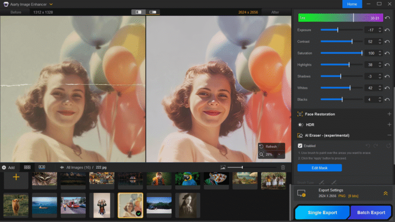 La interfaz del software muestra una comparación lado a lado de una fotografía antigua dañada (una mujer sonriente sosteniendo un globo) y su versión reparada digitalmente; Las herramientas de edición y los controles deslizantes de ajuste aparecen en el panel derecho.