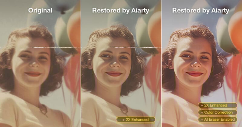 Comparación de tres versiones de una foto antigua de una mujer sonriente sosteniendo un globo: la foto original (izquierda), la foto restaurada y mejorada por Aiarty (centro) y la foto mejorada con corrección de color y borrador AI (derecha).