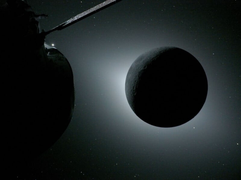 A spacecraft's metallic structure is visible in the foreground as it orbits the moon, which appears as a dark sphere backlit dramatically by sunlight in the star-filled expanse of outer space.