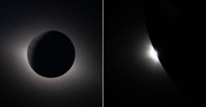 Split image: On the left, a dark moon blocks a bright ring of light from the sun, creating a solar eclipse; on the right, the sun’s light peeks from behind a dark curve, producing a glowing crescent effect.