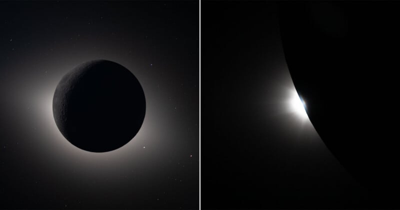 Imagen dividida: a la izquierda, una luna oscura bloquea el brillante anillo de luz del sol, creando un eclipse solar; a la derecha, la luz del sol se asoma detrás de una curva oscura, creando un efecto de media luna brillante.