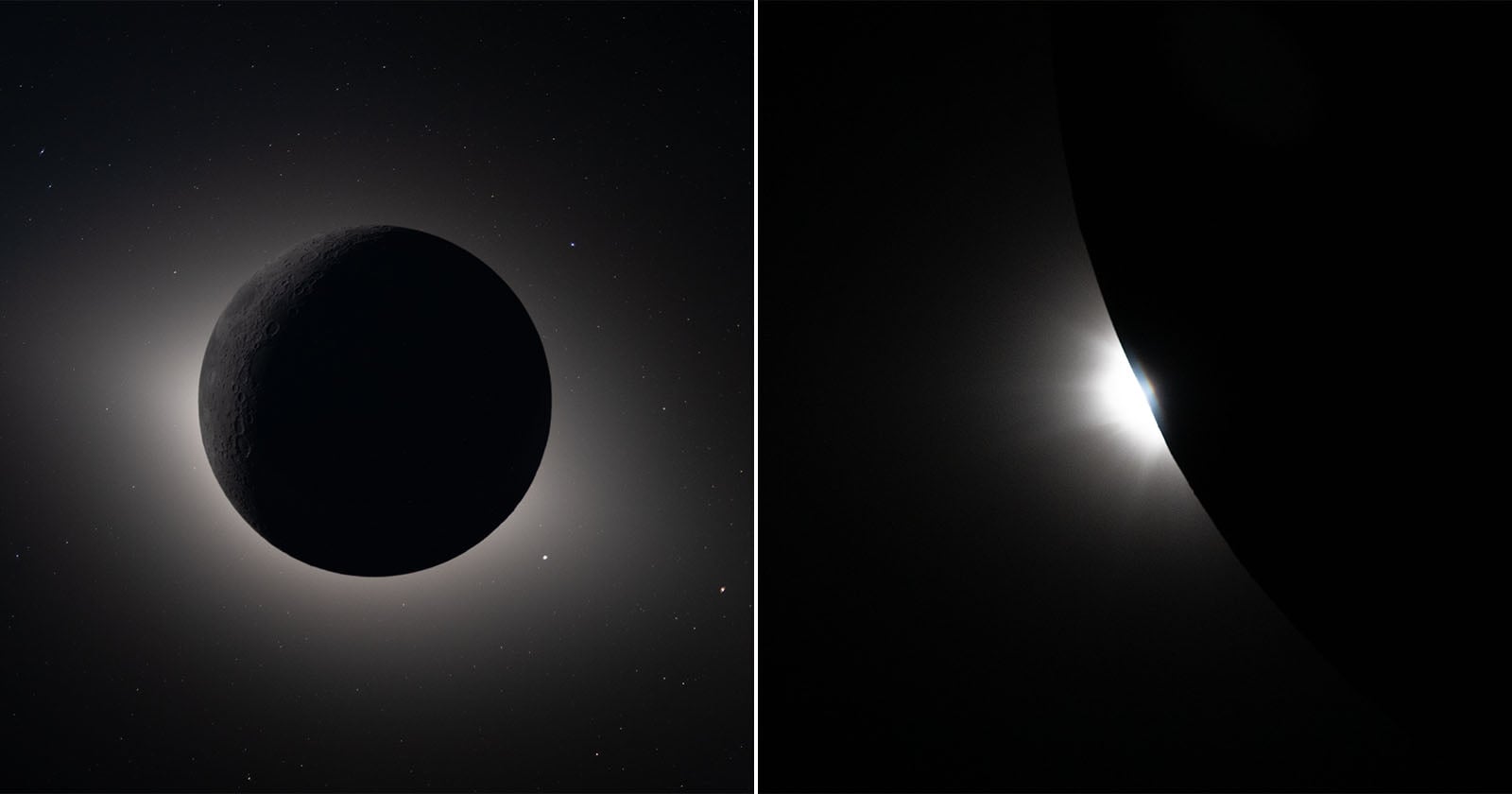 Split image: On the left, a dark moon blocks a bright ring of light from the sun, creating a solar eclipse; on the right, the sun’s light peeks from behind a dark curve, producing a glowing crescent effect.