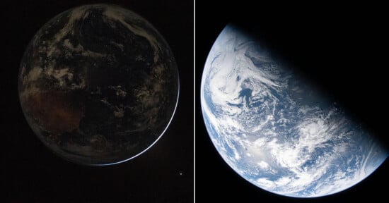 Side-by-side images of Earth from space: the left shows a dark, crescent-lit Earth with faint land and cloud features; the right shows a sunlit Earth with visible clouds and continents against black space.