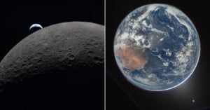 Split image: left side shows Earth rising above the Moon's cratered surface; right side shows a full view of Earth from space, with clouds, oceans, and continents visible against the black background.