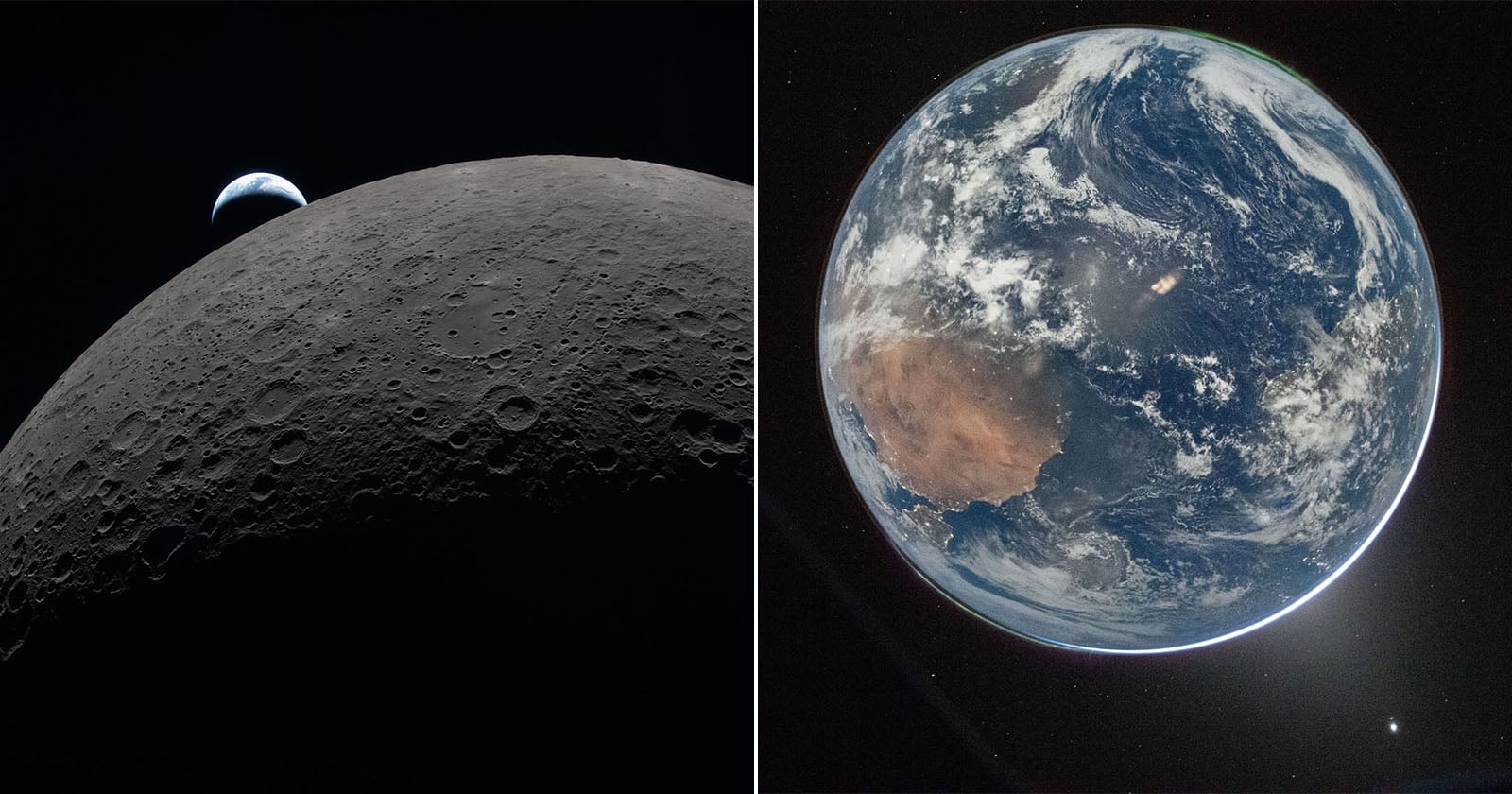Split image: left side shows Earth rising above the Moon's cratered surface; right side shows a full view of Earth from space, with clouds, oceans, and continents visible against the black background.