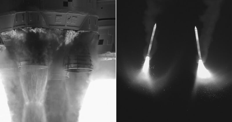  Two missiles in flight, leaving bright trails and plumes against a dark sky. Both images are in black and white.