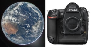 On the left, a view of Earth from space shows continents, oceans, and clouds. On the right, a black Nikon D5 DSLR camera is shown facing forward against a white background.