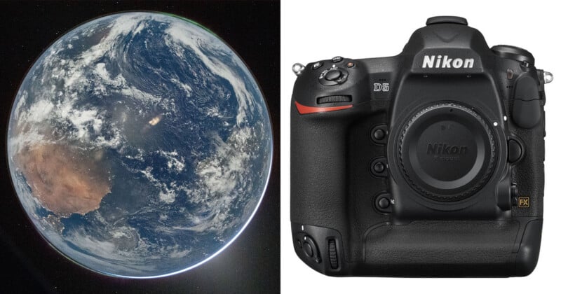 On the left, a view of Earth from space shows continents, oceans, and clouds. On the right, a black Nikon D5 DSLR camera is shown facing forward against a white background.