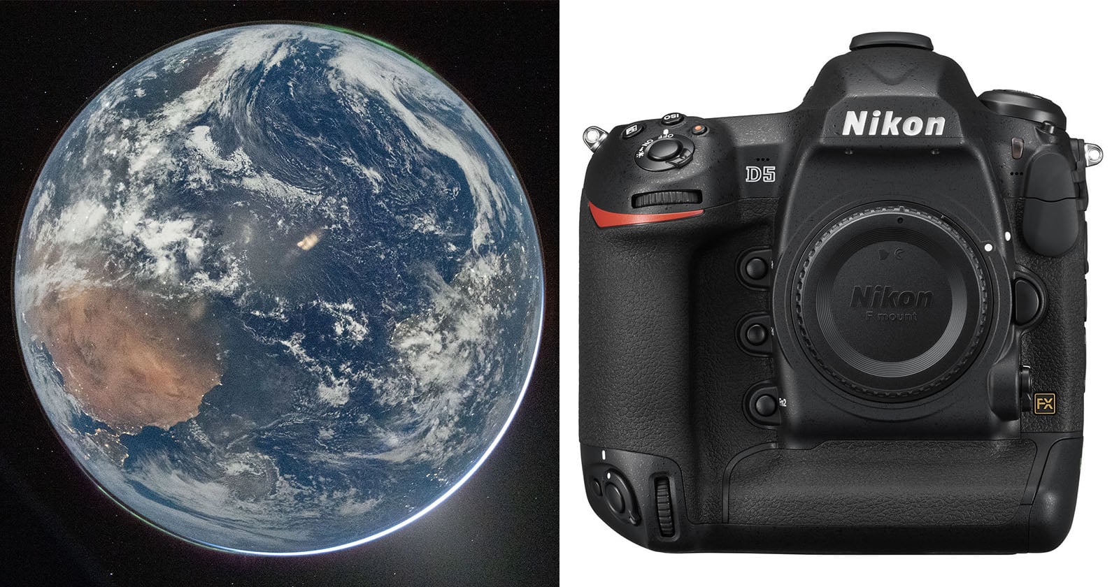 On the left, a view of Earth from space shows continents, oceans, and clouds. On the right, a black Nikon D5 DSLR camera is shown facing forward against a white background.