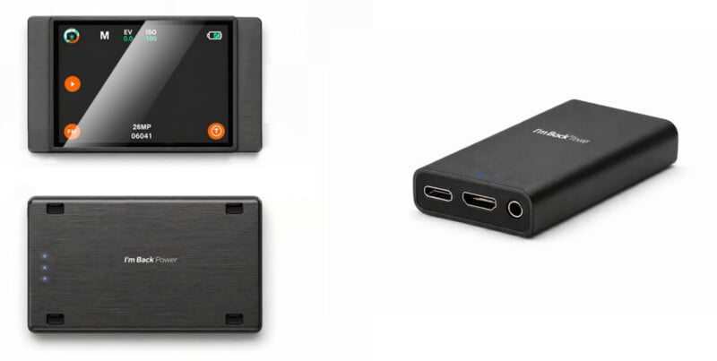 A black rectangular electronic device shown from three angles: front with a screen and orange buttons, back with indicator lights and text "I'm Back Power," and side with two ports and a circular input.