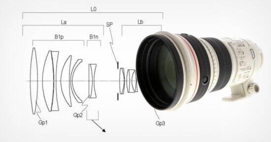 A camera lens is shown next to a technical diagram illustrating its internal lens elements and their arrangement.