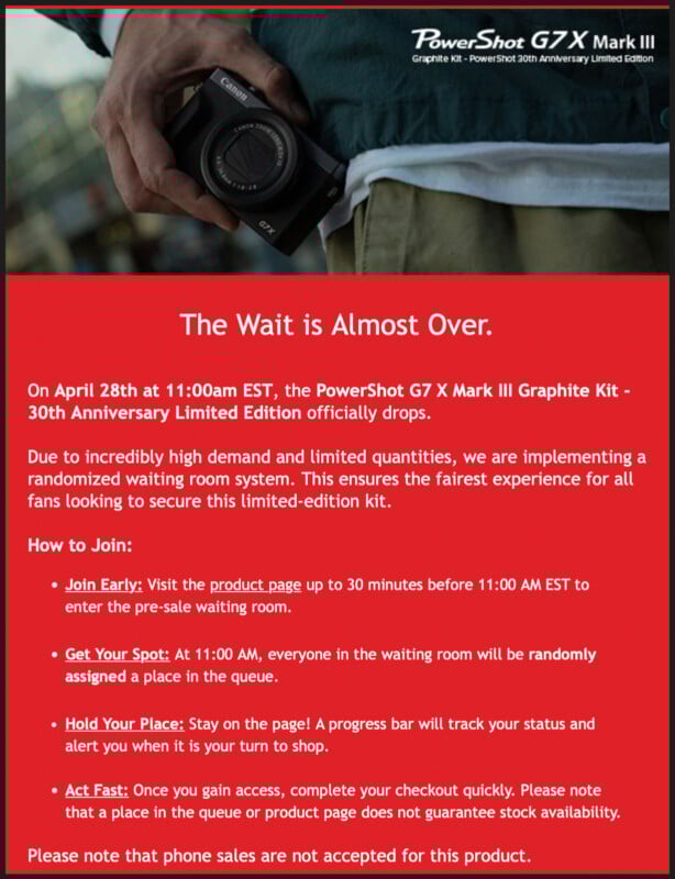 A red and black promotional flyer announces a PowerShot G7 X Mark III kit release on April 28 at 11:00am EST, with instructions on joining a randomized waiting room for a limited edition sale.