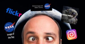A person with crossed eyes looks up at floating NASA logos, images, and social media icons, including Flickr and Instagram, against a backdrop of Earth from space.