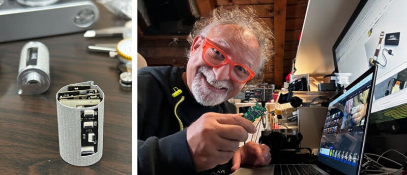 A smiling person with curly hair and orange glasses holds a small electronic device at a desk with a laptop, while a close-up shows the device’s components on a table.