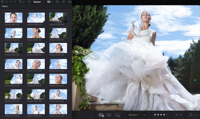 A photo editing software interface shows a woman in a flowing white dress outdoors, looking up at the sky. Image thumbnails are visible on the left, with editing controls above and below the main preview.