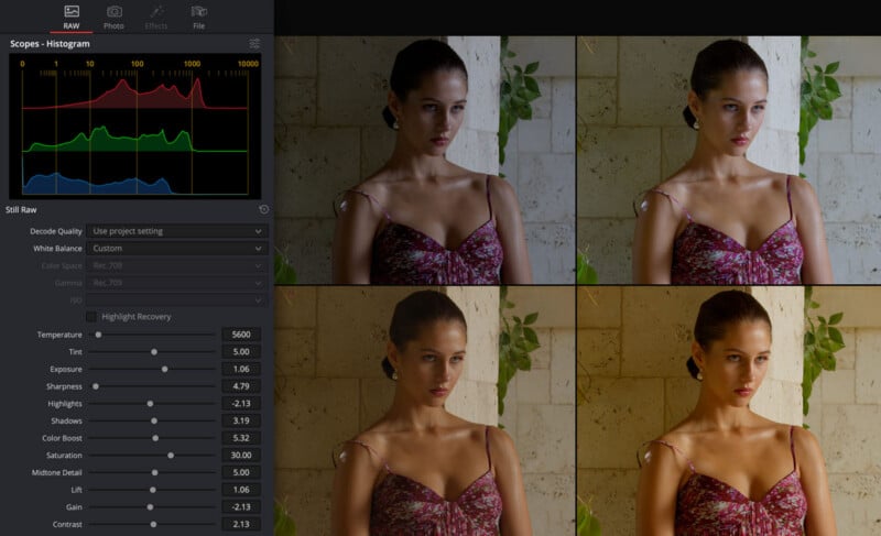 A photo editing software interface shows a woman in a floral dress. There are four versions of her image with different color tones. Adjustment sliders and a color histogram appear on the left side of the screen.