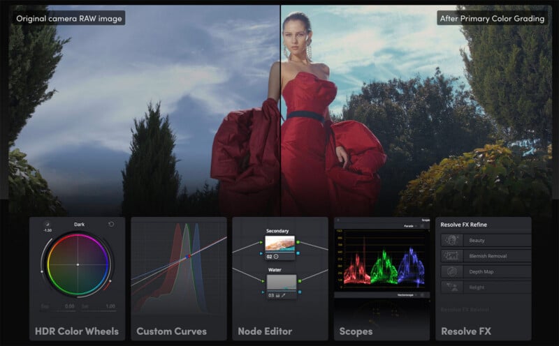 A side-by-side comparison of a woman's photo: the left half shows the unedited RAW image, and the right half shows the image after primary color grading. Editing tools and color graphs are displayed at the bottom.