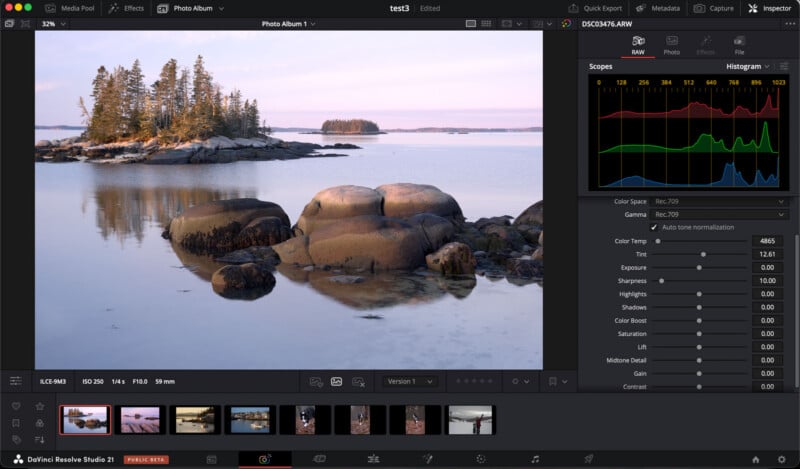 A photo editing software window displays an image of rocky islands with pine trees surrounded by calm water under a pastel sky. Editing tools, a histogram, and color settings are visible on the right side of the screen.