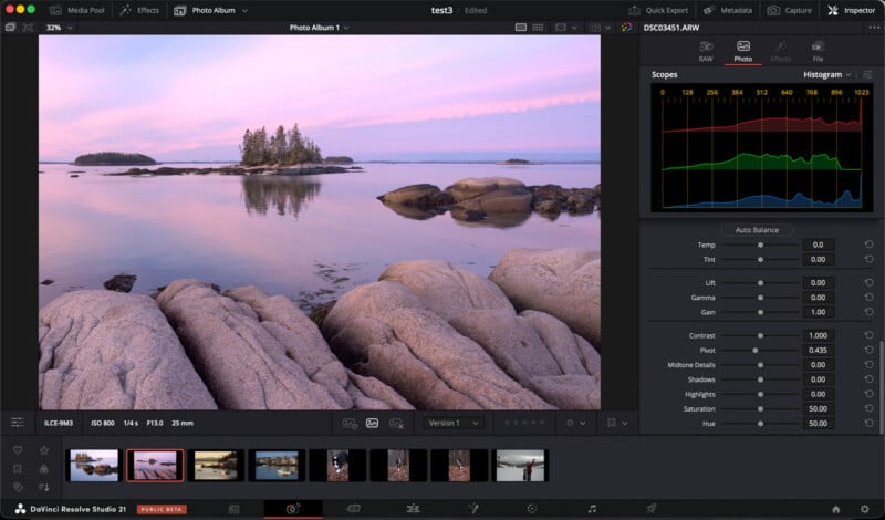 A photo editing software screen shows a serene rocky shoreline at sunset with calm water and small islands under a pink sky. Editing tools and color histograms are visible on the right panel.