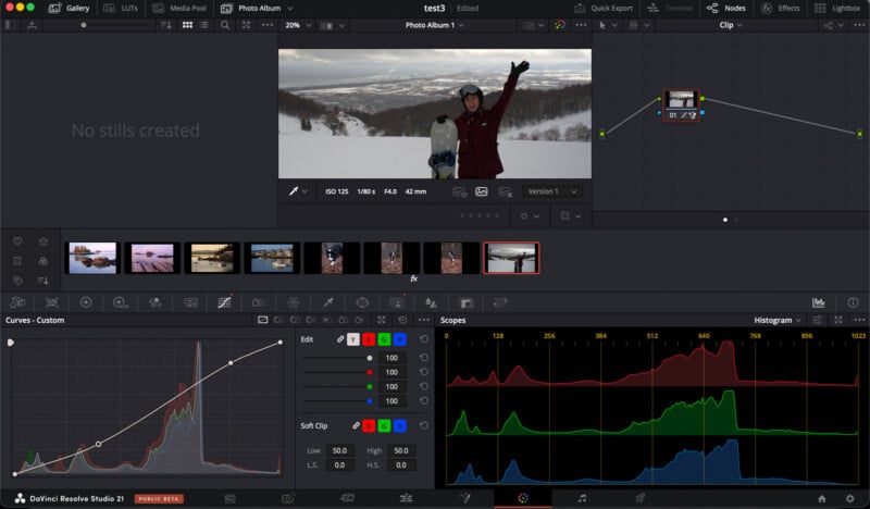 A screenshot of DaVinci Resolve Studio shows a video being edited. The main preview displays a person in winter clothing waving on a snowy hill. Color grading tools, waveform scopes, and timeline thumbnails are visible.