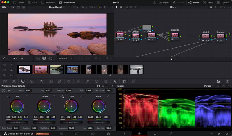 Screenshot of DaVinci Resolve's color grading interface showing a landscape photo, color wheels, node structure, and RGB parade scopes for video color correction.