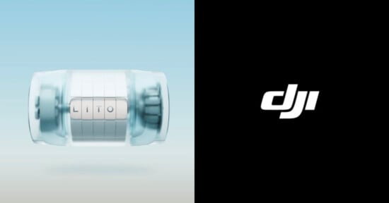 A translucent cylindrical object with rotating letter dials spelling "LITO" is shown on a light blue background. Next to it, the white DJI logo appears on a black background.