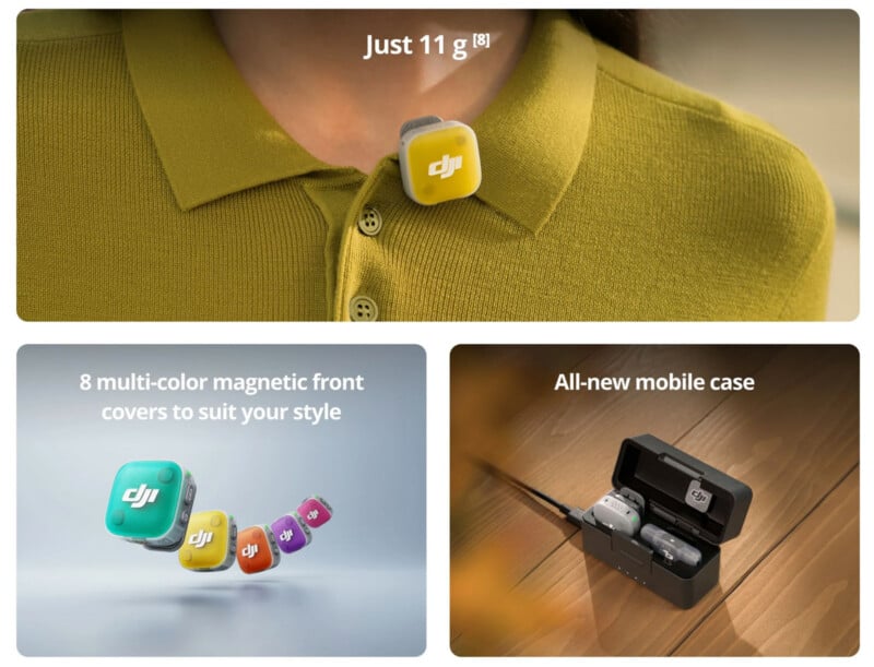 Three images: a yellow DJI wireless microphone clipped to a shirt, an array of colorful magnetic covers for the device, and a black mobile case holding the mic set, all with text describing features.