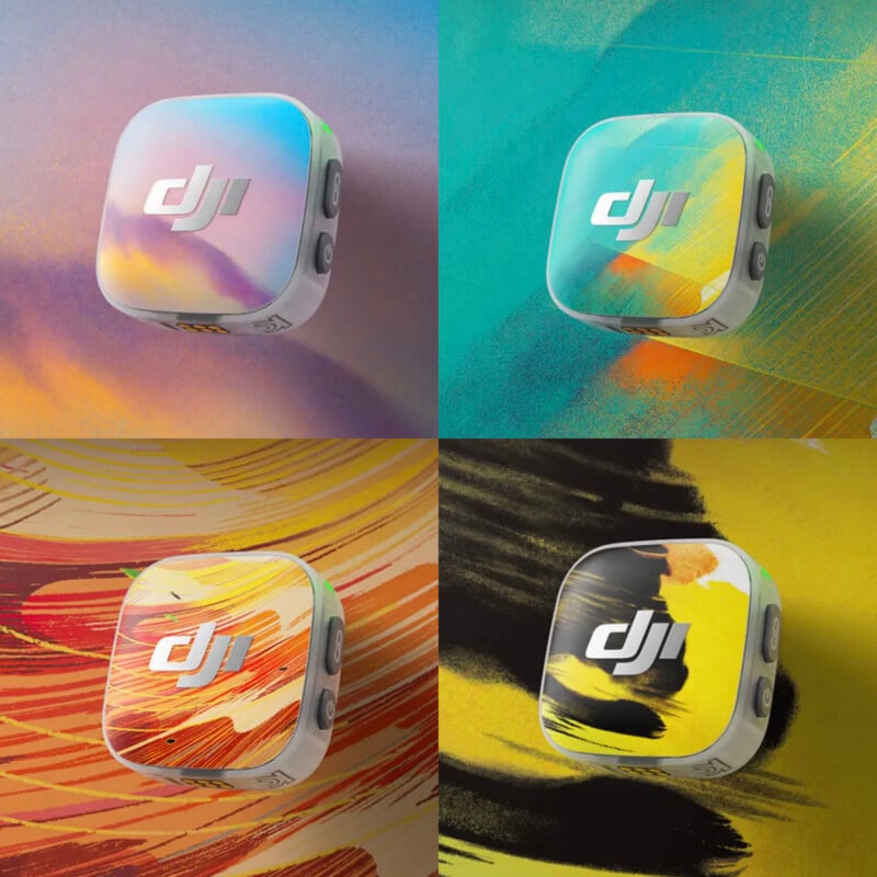 Four small, square devices with the "DJI" logo, each with unique colorful abstract designs, are displayed against matching vibrant backgrounds in a 2x2 grid layout.