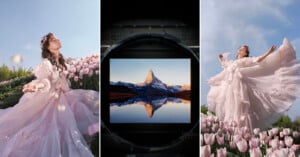 Three images: a woman in a flowing pink dress poses among pink tulips under a blue sky (left and right), and a central close-up of a camera viewfinder showing a mountain reflected in a lake.