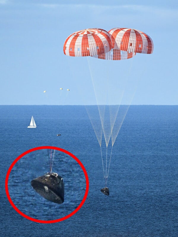 A space capsule with three orange-and-white parachutes descends toward the ocean, with a sailboat visible in the background. An inset zooms in on the capsule approaching the water's surface.