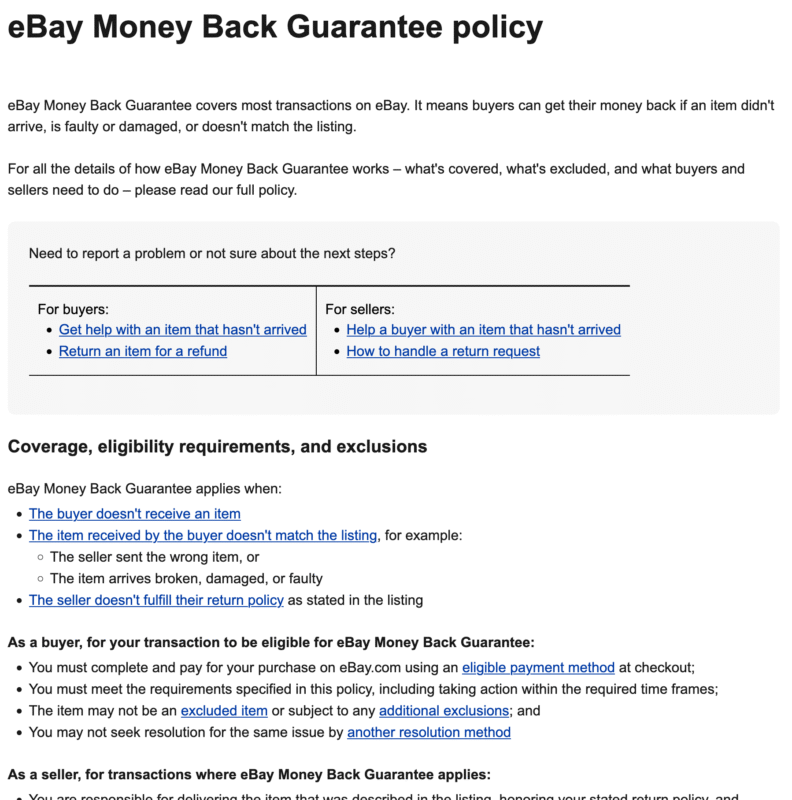 Screenshot of the eBay Money Back Guarantee policy page, detailing coverage, eligibility, exclusions, and links for buyers and sellers to resolve issues with items that don’t arrive or aren’t as described.