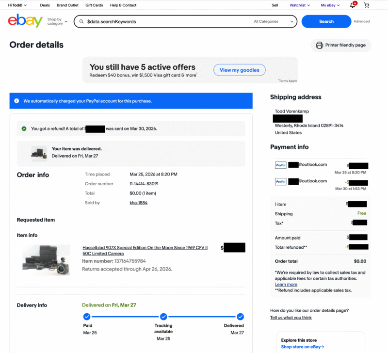 Screenshot of an eBay order details page showing an item purchased, shipping info, PayPal auto-charge notice, shipment tracking timeline, and order summary with buyer and seller addresses partially redacted.