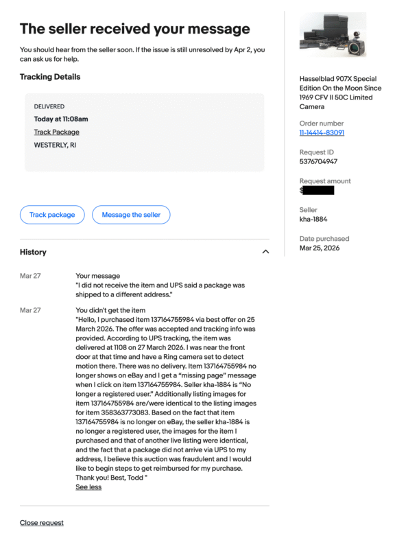 Screenshot of an eBay message thread showing a buyer reporting a missing item. The buyer explains the UPS tracking shows delivery to the wrong address and cites concerns about potential fraud. Details of the seller and product are visible.